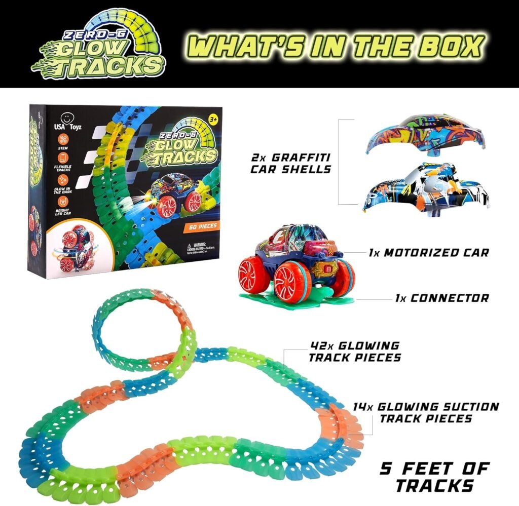USA Toyz Zero-G Glow Race Track for Kids- 105pcs Glow in the Dark Flexible Race Car Track Set with Suction Cups, Slot Car, 2 Graffiti Toy Cars Shells, STEM Toy LED Car Tracks for Boys and Girls Age 3+