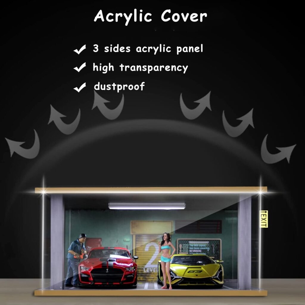 1/18 Scale Model Car Display Case - 1:18 Car Garage Display Case with Clear Acrylic Cover and LED Lighting for Die-Cast Cars, 2 Parkings 86