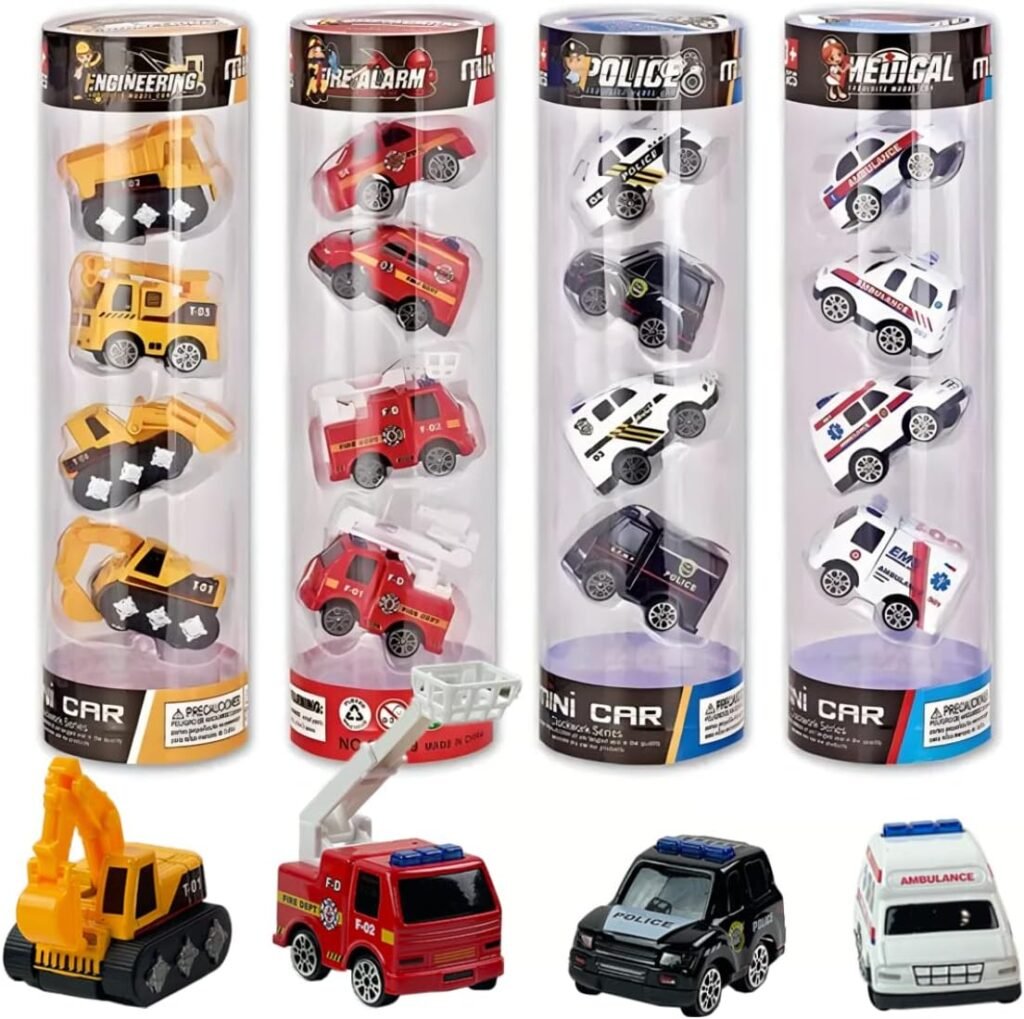 16-Piece Diecast Metal Toy Car Set - Fun Play Trucks with Police, Construction, Ambulance  Firetruck Vehicles in 4 Storage Tubes - Perfect for Party Favors  Kids