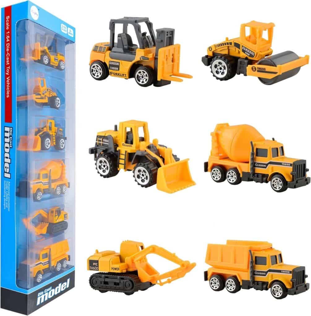 6 Pcs Mini Die Cast Car Set 1/64 Scale Alloy Construction Trucks - Dump Truck, Excavator, Forklift, Road Roller, Bulldozer, Mixer Truck - Toy Cars for Kids Boys Girls Birthday Xmas Present