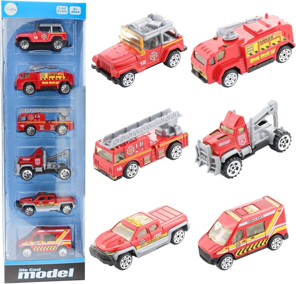 6Pcs Mini Die Cast Car 1/64 Scale Alloy Fire Truck Vehicle Metal Model Toy Set, Ladder Truck, Water Tower Truck, Ambulance, Transport Car, Patrol Car, Model Toys for Boys Girls