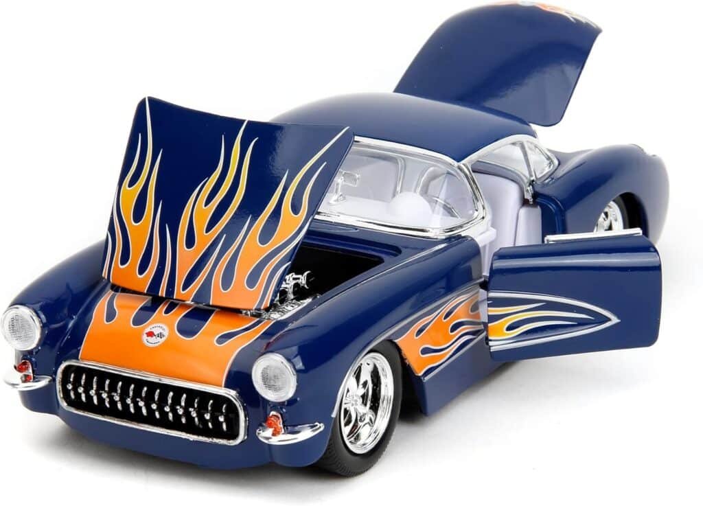 Big Time Muscle 1:24 1957 Chevrolet Corvette Die-Cast Car, Toys for Kids and Adults(Dark Blue/Flames)