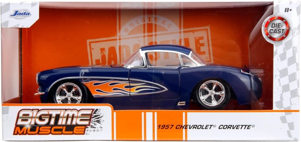 Big Time Muscle 1:24 1957 Chevrolet Corvette Die-Cast Car, Toys for Kids and Adults(Dark Blue/Flames)