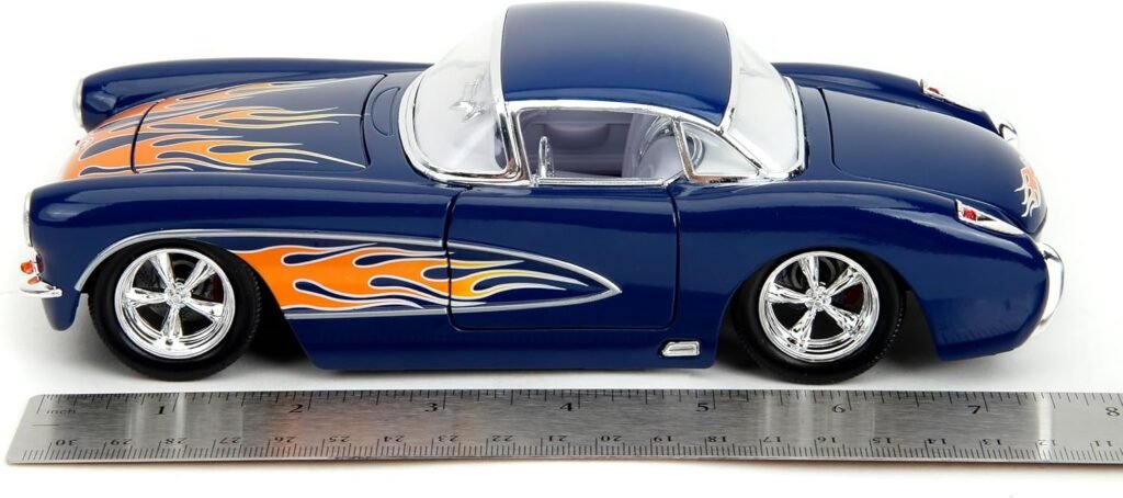 Big Time Muscle 1:24 1957 Chevrolet Corvette Die-Cast Car, Toys for Kids and Adults(Dark Blue/Flames)