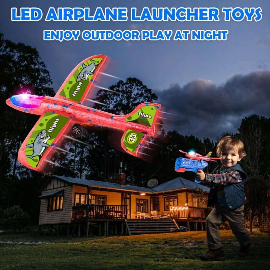 Bigdream 3 Pack LED Airplane Launcher Toys with 1 Launchers, 2 Flight Mode Glider Catapult Plane with Stickers, Flying Outdoor Toys for 3 4 5 6 7 8 9 10 11 12 Year Old Kids Boys Girls Birthday Gifts