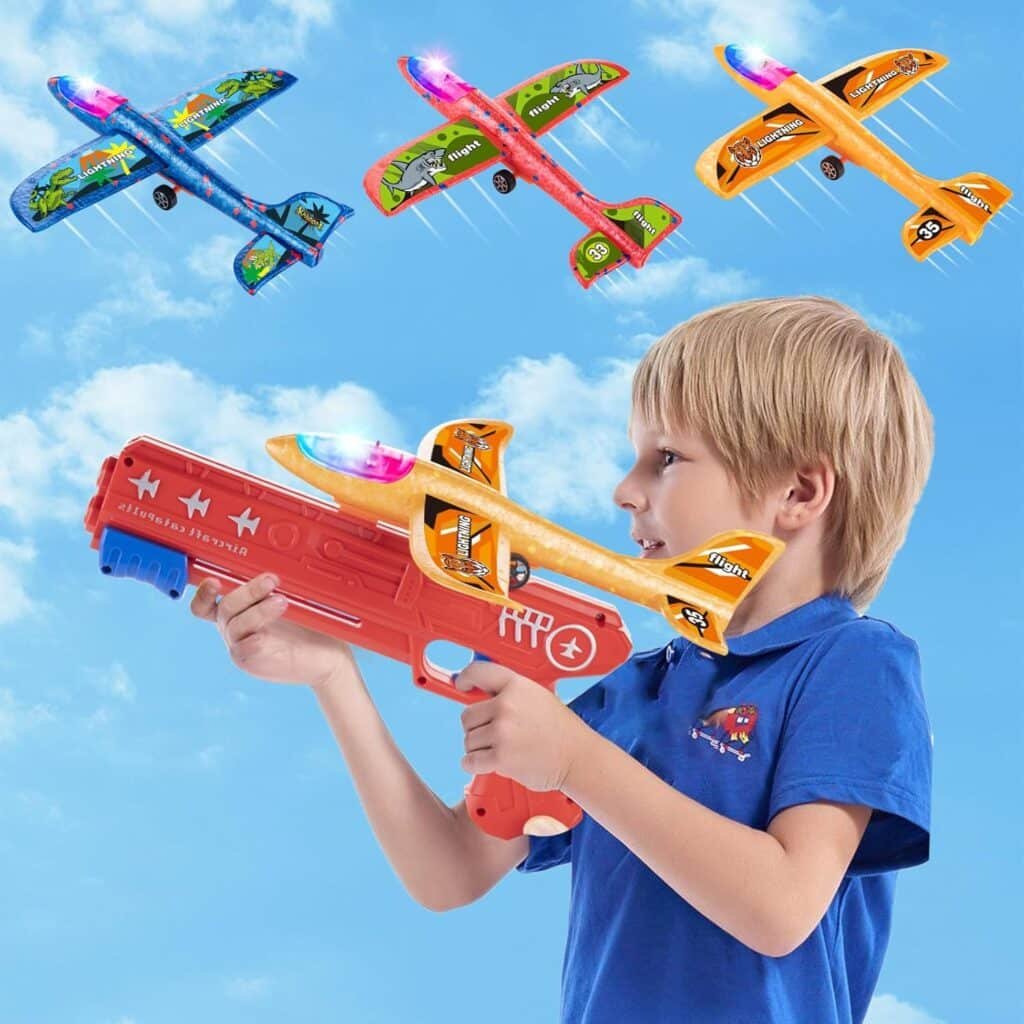 Bigdream 3 Pack LED Airplane Launcher Toys with 1 Launchers, 2 Flight Mode Glider Catapult Plane with Stickers, Flying Outdoor Toys for 3 4 5 6 7 8 9 10 11 12 Year Old Kids Boys Girls Birthday Gifts
