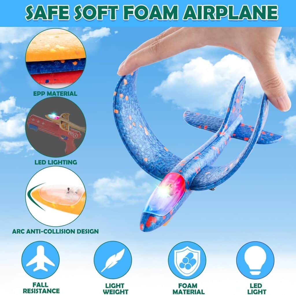 Bigdream 3 Pack LED Airplane Launcher Toys with 1 Launchers, 2 Flight Mode Glider Catapult Plane with Stickers, Flying Outdoor Toys for 3 4 5 6 7 8 9 10 11 12 Year Old Kids Boys Girls Birthday Gifts