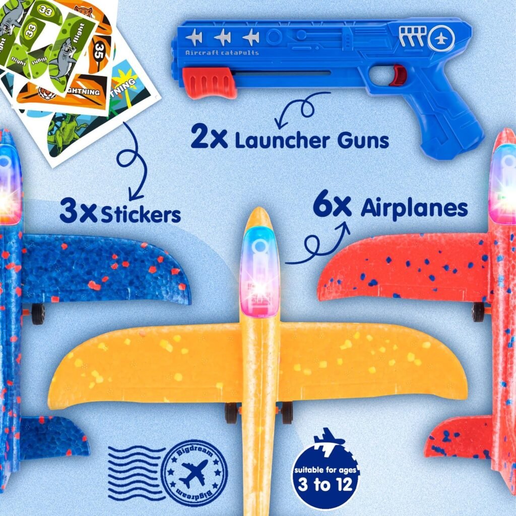 Bigdream 3 Pack LED Airplane Launcher Toys with 1 Launchers, 2 Flight Mode Glider Catapult Plane with Stickers, Flying Outdoor Toys for 3 4 5 6 7 8 9 10 11 12 Year Old Kids Boys Girls Birthday Gifts