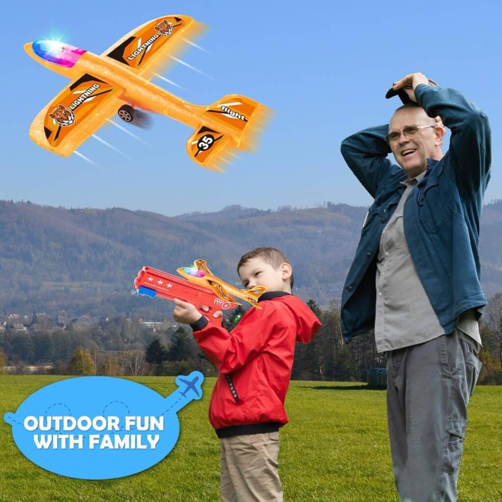 Bigdream 3 Pack LED Airplane Launcher Toys with 1 Launchers, 2 Flight Mode Glider Catapult Plane with Stickers, Flying Outdoor Toys for 3 4 5 6 7 8 9 10 11 12 Year Old Kids Boys Girls Birthday Gifts