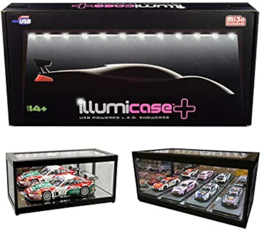 Black Collectible Display Show Case Illumicase+ with LED Lights and Mirror Base and Back for 1/64 1/43 1/32 1/24 1/18 Scale Models