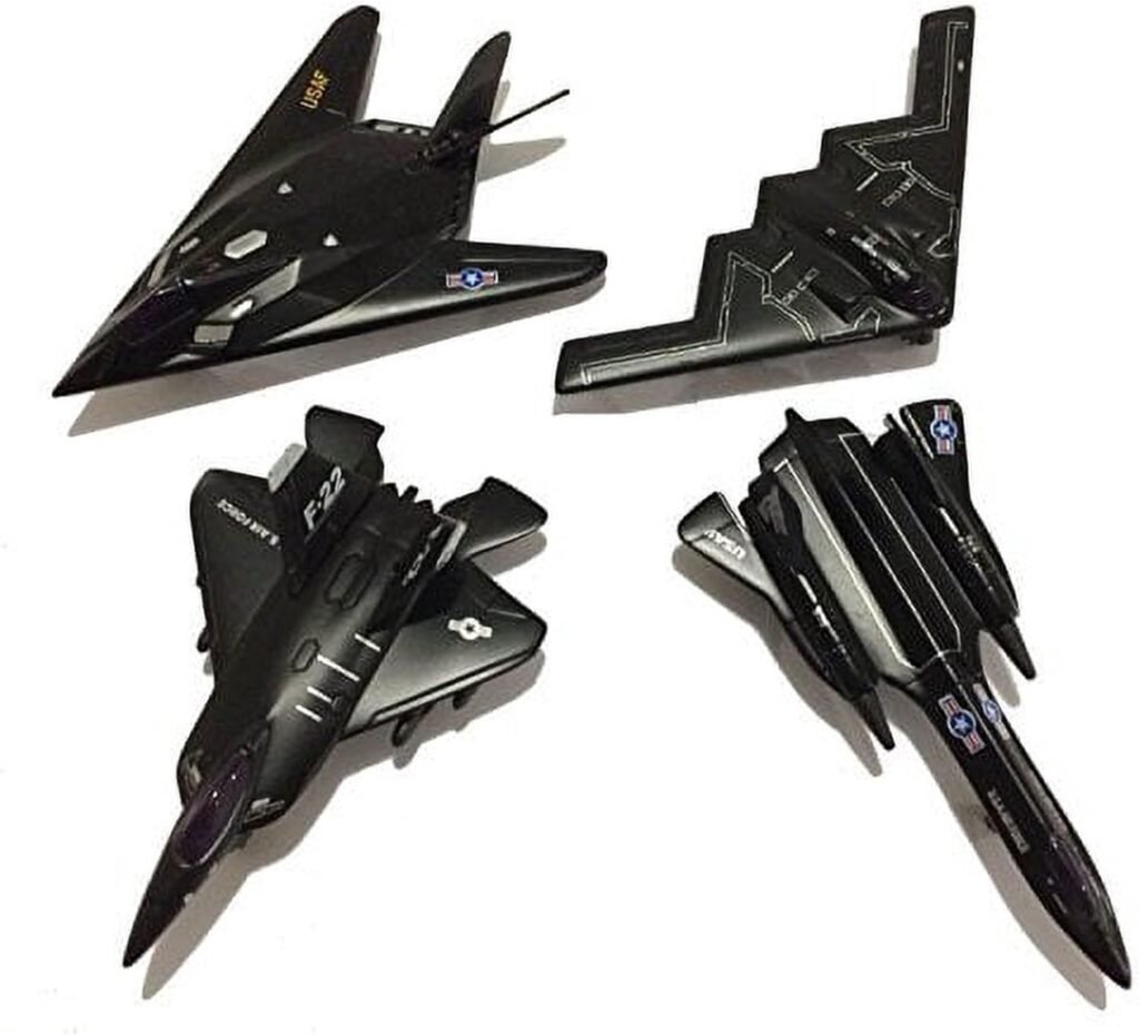 🛦 Die Cast Metal 4.5 Stealth Bomber Jets with Pullback Action. B2 Bomber, SR-71 Blackbird, F-117 Nighthawk, F/A-22 Raptor 4Set