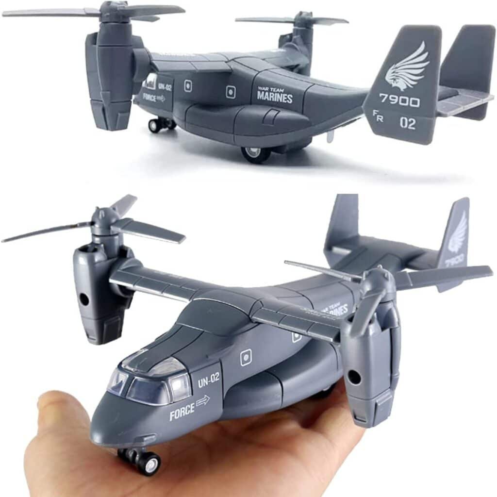 Diecast Metal Military Transport Helicopter Plane - 1:400 Scale Alloy Model Twin-Engine Rotor Aircraft Toy, Tiltrotor Transporter Airplane with Pullback Action, Lights and Sound