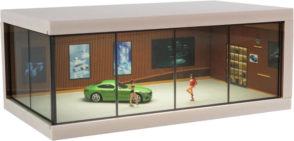 Display Case for Hot Wheels  Matchbox Cars with USB Lights,1/64 Scale Diecast Model Car Storage Car Showroom scene Diorama Parking Garage (Brown)