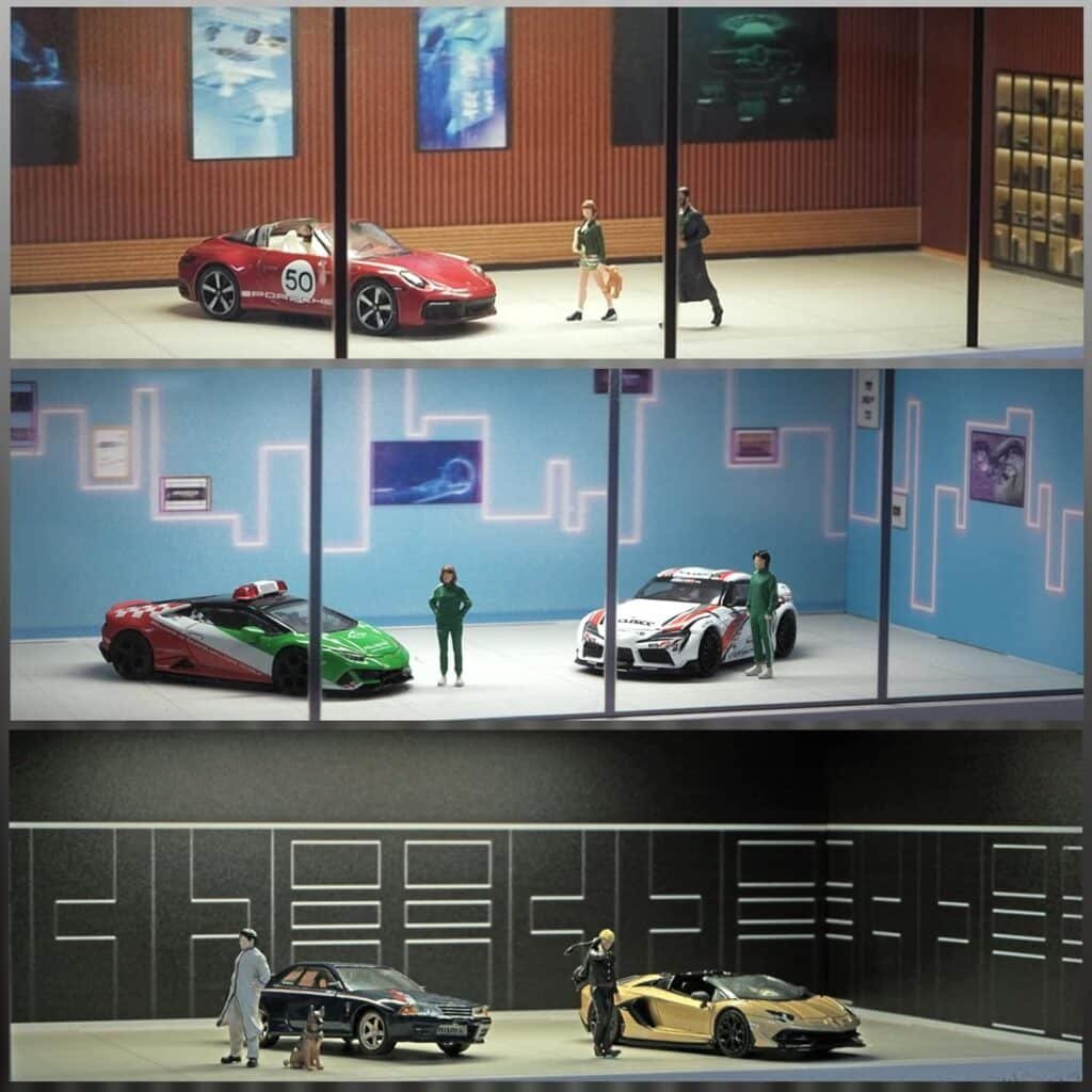 Display Case for Hot Wheels  Matchbox Cars with USB Lights,1/64 Scale Diecast Model Car Storage Car Showroom scene Diorama Parking Garage (Brown)