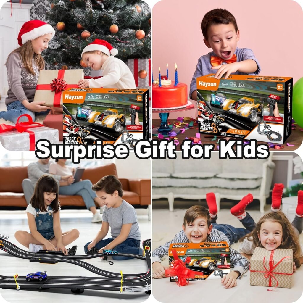 Electric Slot Car Race Track Sets - Race Car Track Sets with 4 High-Speed Slot Cars 1:43 with Headlights, 2 Hand Controllers, Dual Racing Game Lap Counter, Birthday, Toys for Children