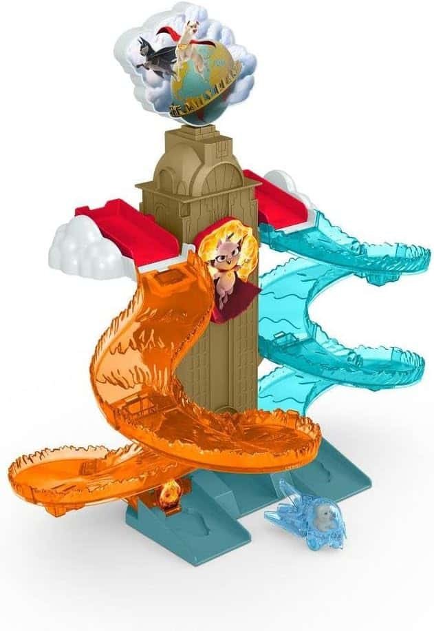 Fisher-Price DC League of Super-Pets Daily Planet Rescue die-cast vehicle racetrack playset with vehicle launcher and 2 ramps for kids ages 3 and up
