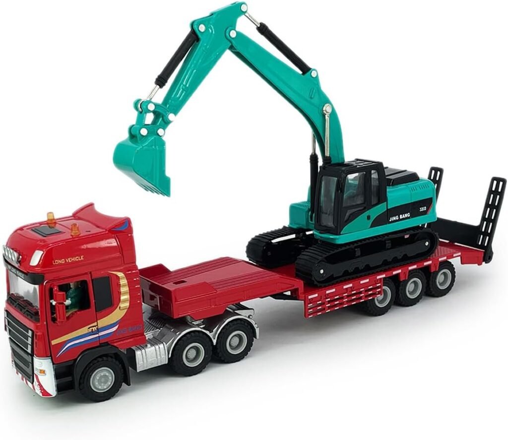 Flatbed Truck Toy with Excavator Loader Tractor Bulldozer Semi Tow Truck Transport Trailer Metal Diecast Construction Vehicles 2 in 1 Vehicle Playset Friction Powered Toy Trucks for Boys Kids Gift red