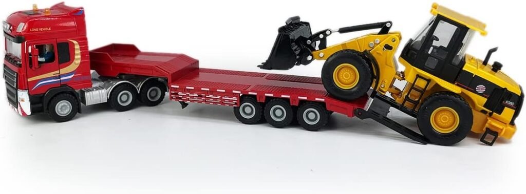 Flatbed Truck Toy with Excavator Loader Tractor Bulldozer Semi Tow Truck Transport Trailer Metal Diecast Construction Vehicles 2 in 1 Vehicle Playset Friction Powered Toy Trucks for Boys Kids Gift red