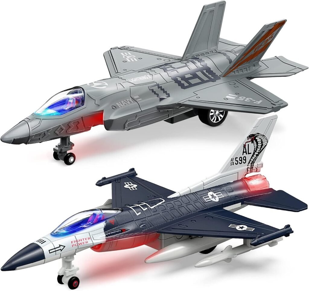 Geyiie Airplane Toys for Kids, Army Fighter Jet Diecast Plane Toys Helicopter for Boys Grils, Pull Back Airplanes with Light, Air Transport Toy Bomber Outdoor Gifts for Toddler Age 3-8 Gifts