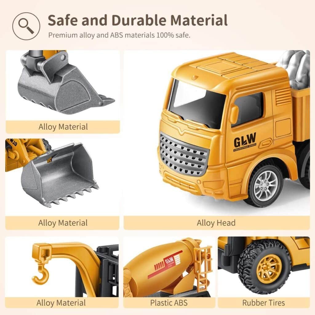 Geyiie Construction Vehicles Truck Toys, Construction Trucks Die Cast Alloy Truck Head, Tractor Trailer Excavator Dump Sandbox Gift for Toddlers Kids Boy