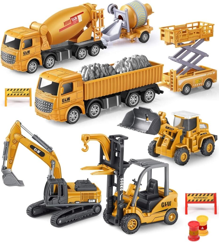 Geyiie Construction Vehicles Truck Toys, Construction Trucks Die Cast Alloy Truck Head, Tractor Trailer Excavator Dump Sandbox Gift for Toddlers Kids Boy