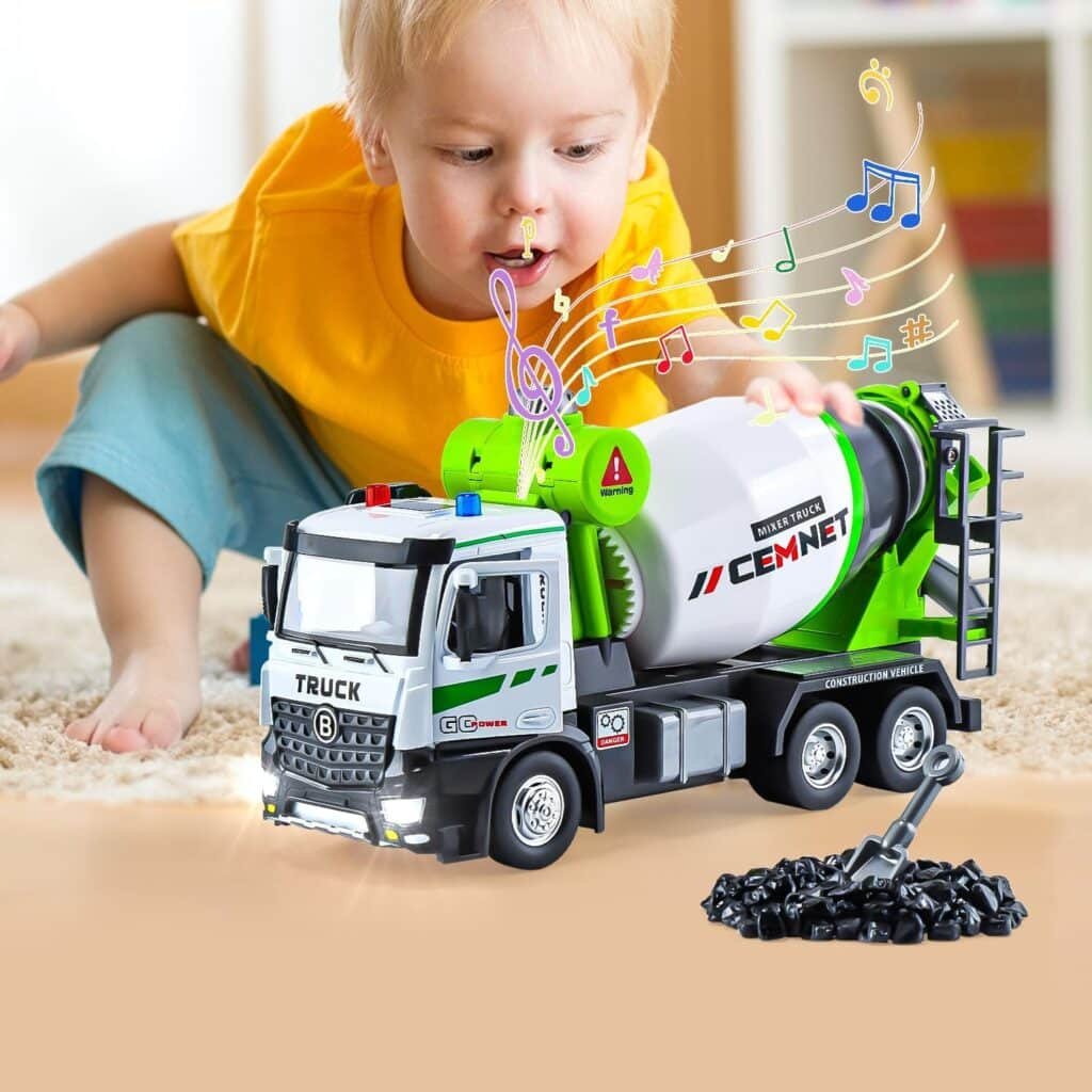 HOLYFUN Cement Mixer Construction Toys with Sound and Light, Friction Powered Construction Truck Vehicle Toy for Toddlers, Boys and Kids