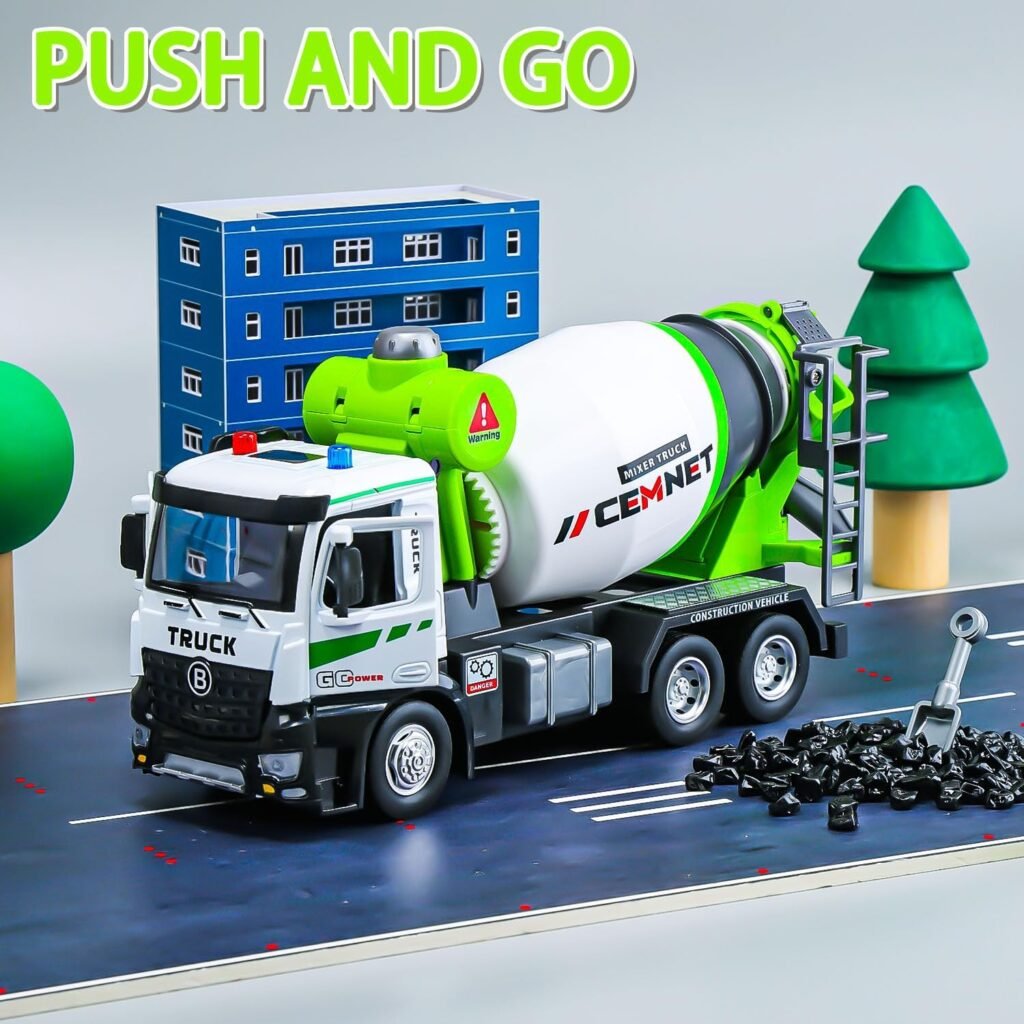 HOLYFUN Cement Mixer Construction Toys with Sound and Light, Friction Powered Construction Truck Vehicle Toy for Toddlers, Boys and Kids