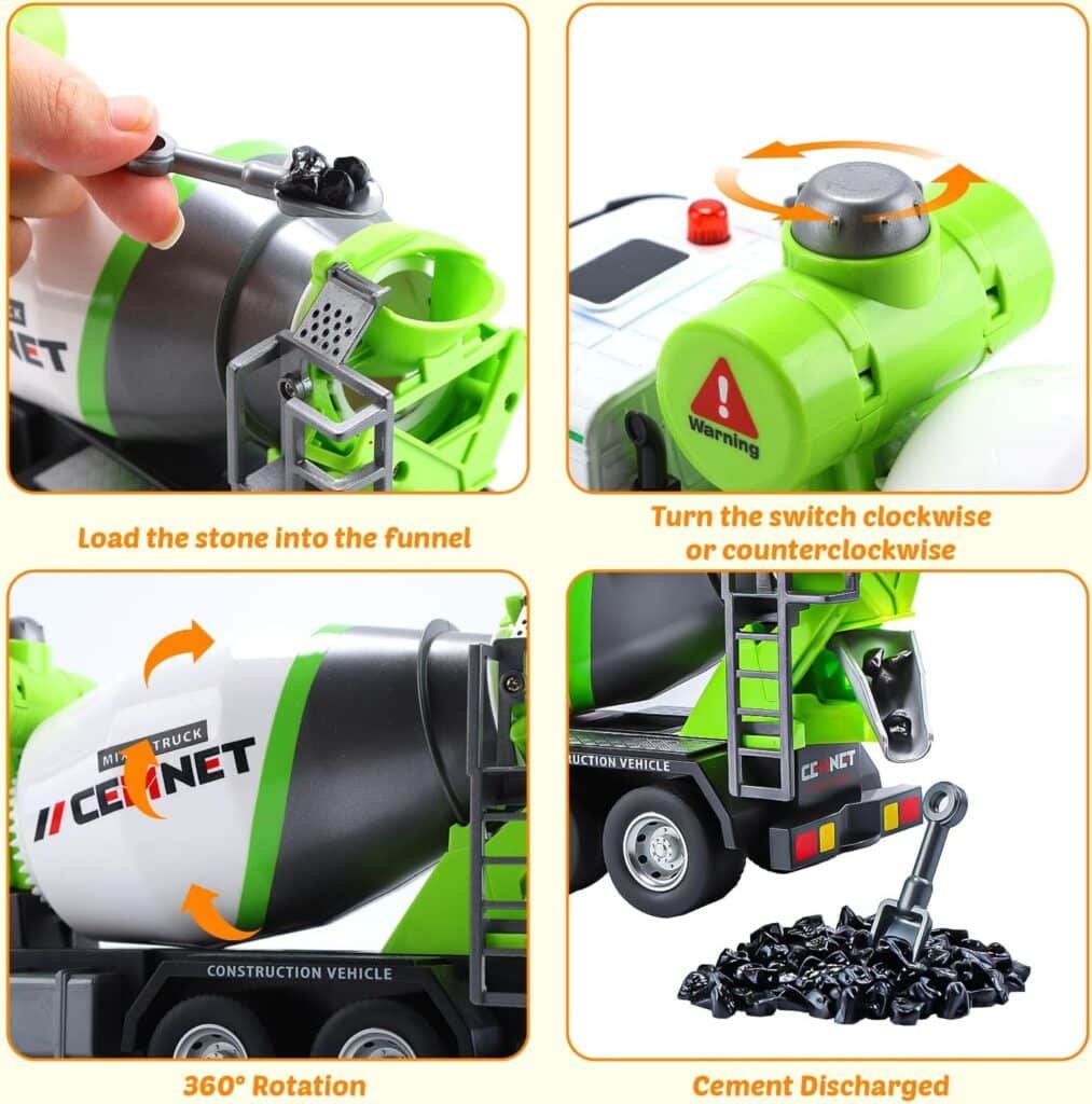 HOLYFUN Cement Mixer Construction Toys with Sound and Light, Friction Powered Construction Truck Vehicle Toy for Toddlers, Boys and Kids