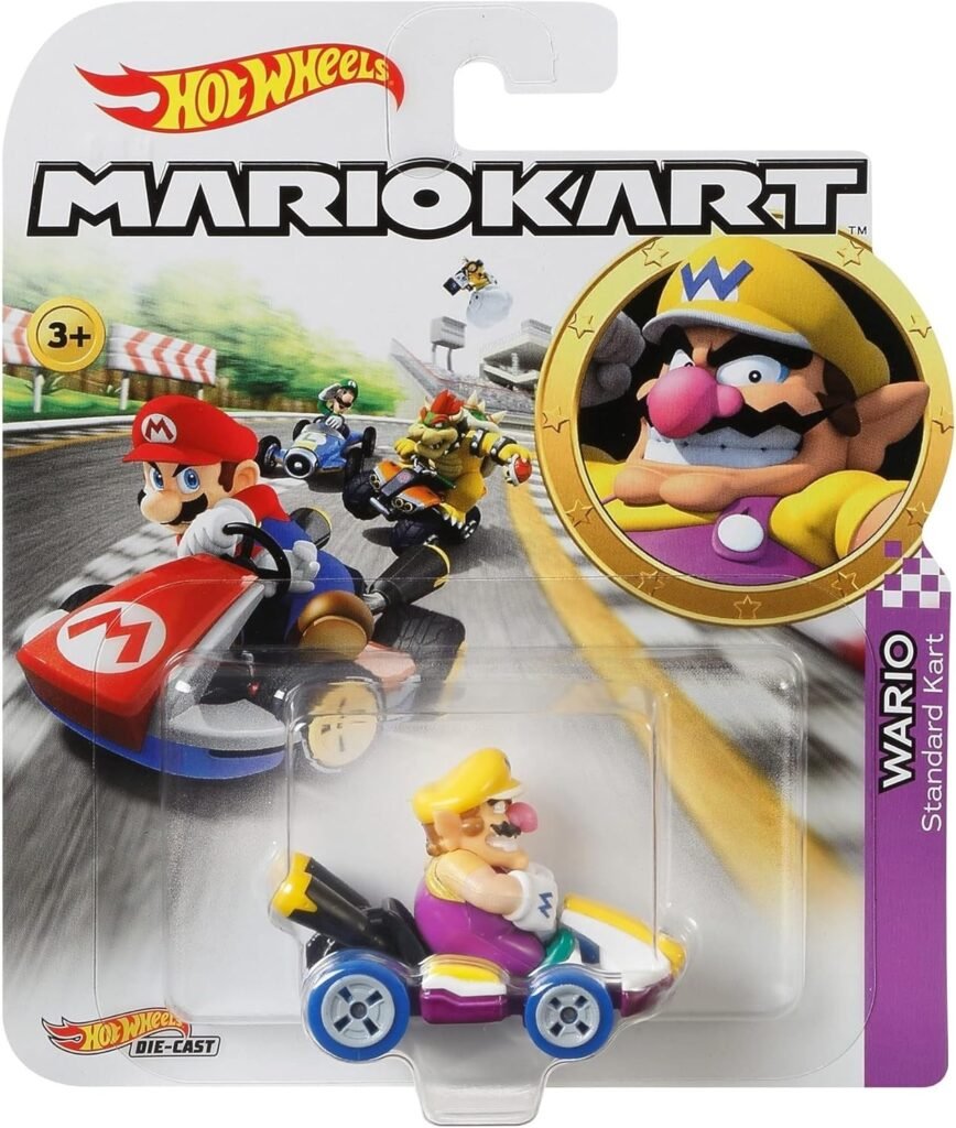 Hot Wheels Mario Kart Wario Die-Cast Character Car 1:64 Scale, Purple