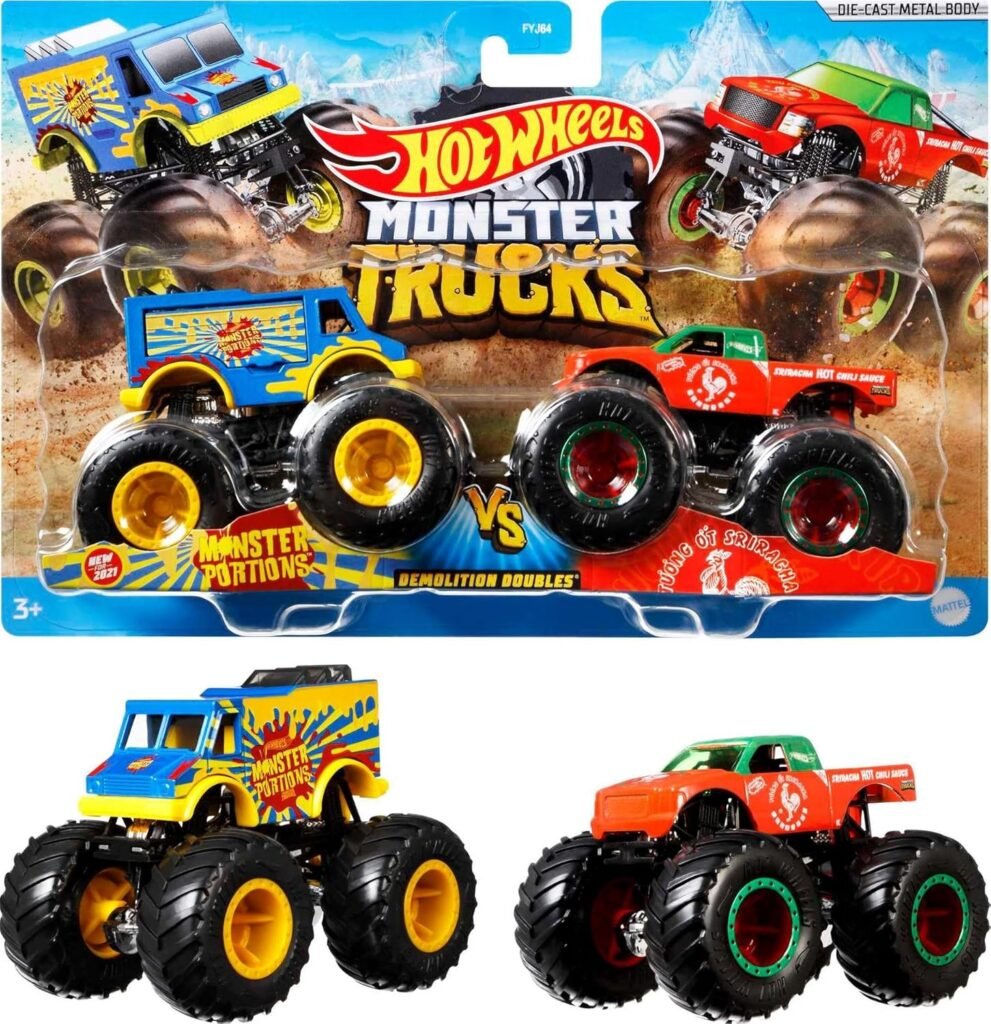 Hot Wheels Monster Trucks 2-Pack, Demolition Doubles Set of 2 Toy Vehicles in 1:64 Scale, for Kids  Collectors (Styles May Vary)