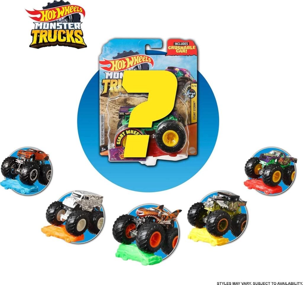 Hot Wheels Monster Trucks Set, 1 Toy Truck in 1:64 Scale  1 Crushable Car, Vehicle Play for Kids  Collectors (Styles May Vary)