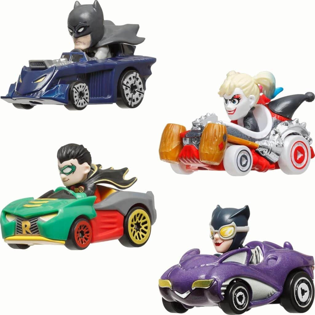 Hot Wheels RacerVerse, Set of 4 Die-Cast 1:64 Scale Toy Cars Optimized for Driving on Hot Wheels Tracks with Pop Culture Characters as Drivers