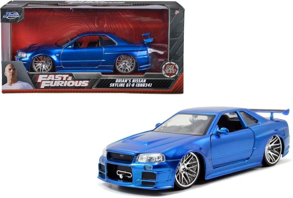 Jada Toys Fast  Furious 1:24 Brians 2002 Nissan Skyline GT-R R34 a Die-cast Car, Toys for Kids and Adults, Blue (97173)