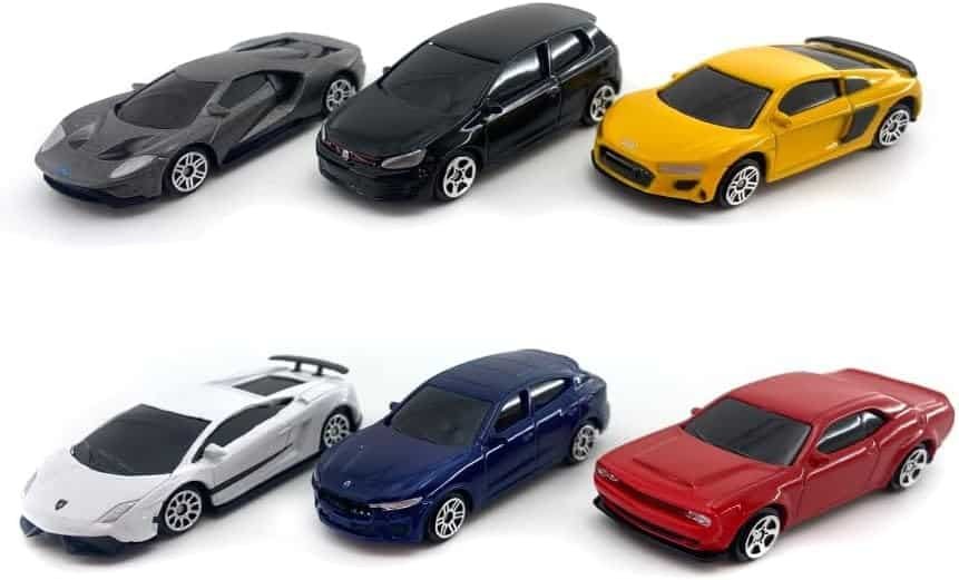 Just For Laughs 6 Diecast Metal Cars, 1:64 Scale Mini Cars, Officially Licensed - Lamborghini Gallardo Superleggara, Dodge Challenger, Maserati Levante GTS, Ford GT, Audi R8 Coupe, Volkswagon Golf GTI
