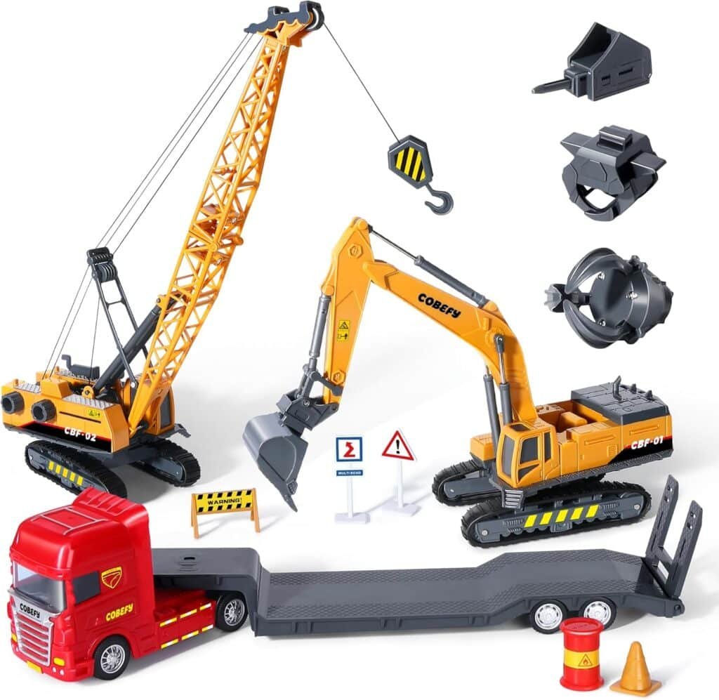 Kids Construction Toys for Boys, Excavator Toy Construction Crane Toy Semi Truck and Trailer Tractor Lowboy, Toy Trucks for Toddlers, Gift for Ages 3 and Up Children Ideal Birthday Party Favor Playset