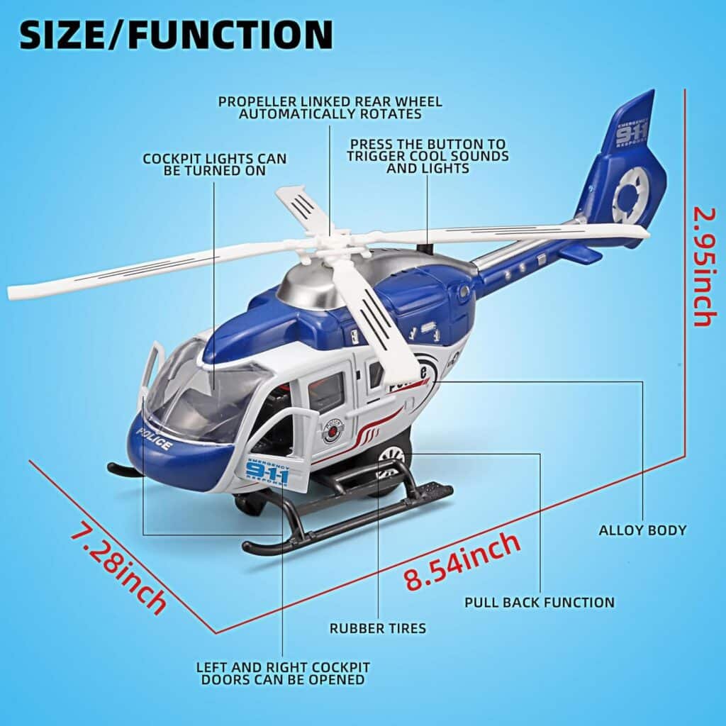 Kids Helicopter Toy Diecast Military Helicopter Model Kit,Pull Back Toy Helicopter with Lights and Sound,Toy Airplane with Rotatable Propeller,Helicopter Toys for Boys Age 4-7（Blue）