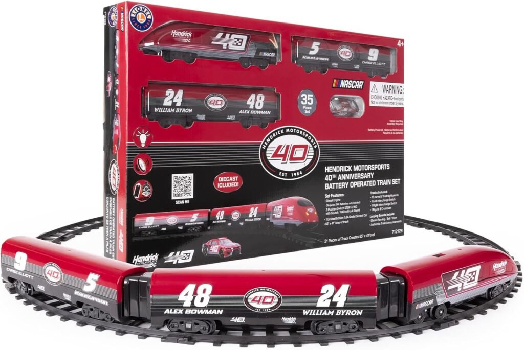 Lionel Battery-Operated NASCAR HMS 40th Anniversary Miniature Toy Train Set with 1:64 Die-cast Car, Locomotive, Train Cars,  Track with Authentic Train Sounds, Lights, for Kids 4+