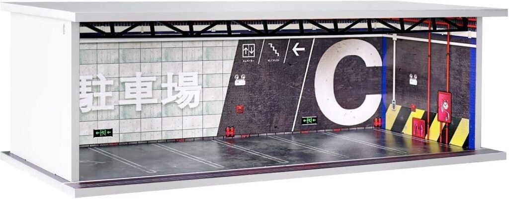 Malamfans 1/64 for Hot Wheels Japanese Style Parking Scene Display Box - 1/64 Scale Die-Cast Model Car Display Box with LED Lights and Acrylic Lid, Real 6 Parking Spaces Model car Display case