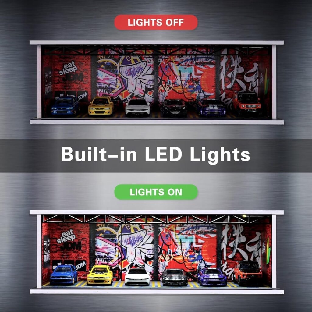Malamfans 1/64 for Hot Wheels Japanese Style Parking Scene Display Box - 1/64 Scale Die-Cast Model Car Display Box with LED Lights and Acrylic Lid, Real 6 Parking Spaces Model car Display case