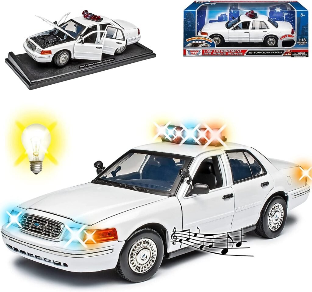 Motormax 1:18 2001 Ford Crown Victoria Police Light  Sound UNMARKED White 73992 (Black)