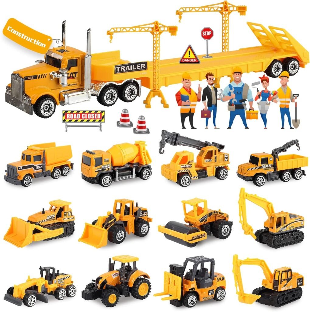 Oriate Construction Car Toys for Kids, Die Cast Construction Vehicles Toy Set Educational Mini Flatbed Trailer Excavator Bulldozer Forklift Trucks Road Signs, Birthday Gift Toys