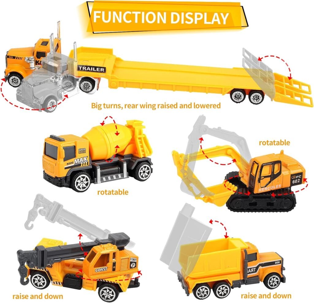 Oriate Construction Car Toys for Kids, Die Cast Construction Vehicles Toy Set Educational Mini Flatbed Trailer Excavator Bulldozer Forklift Trucks Road Signs, Birthday Gift Toys