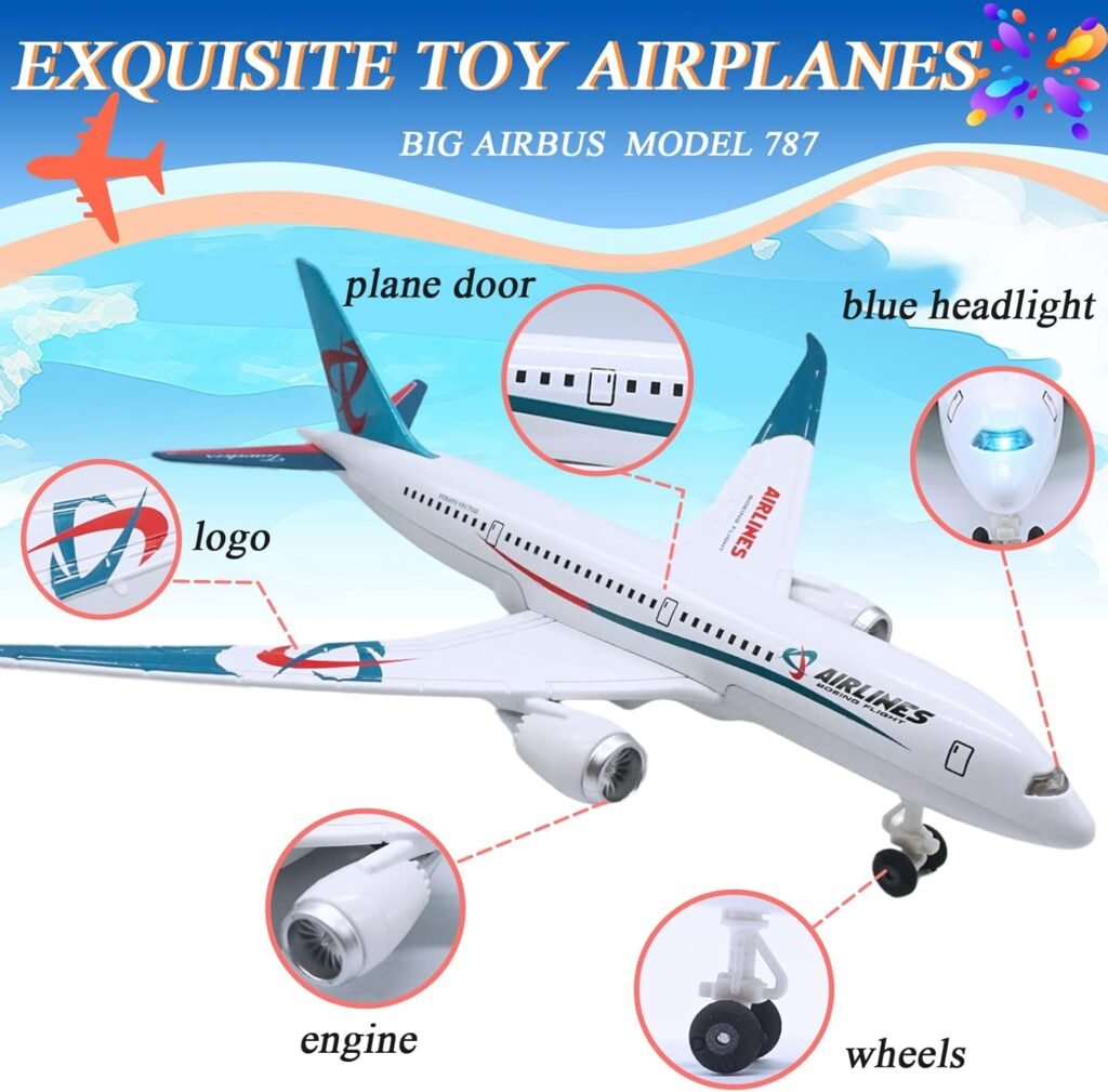 OTONOPI Airplane Toys Bump and Go Airlines Die Cast Metal Model Plane Toy with Lights and Sounds for Kids Blue