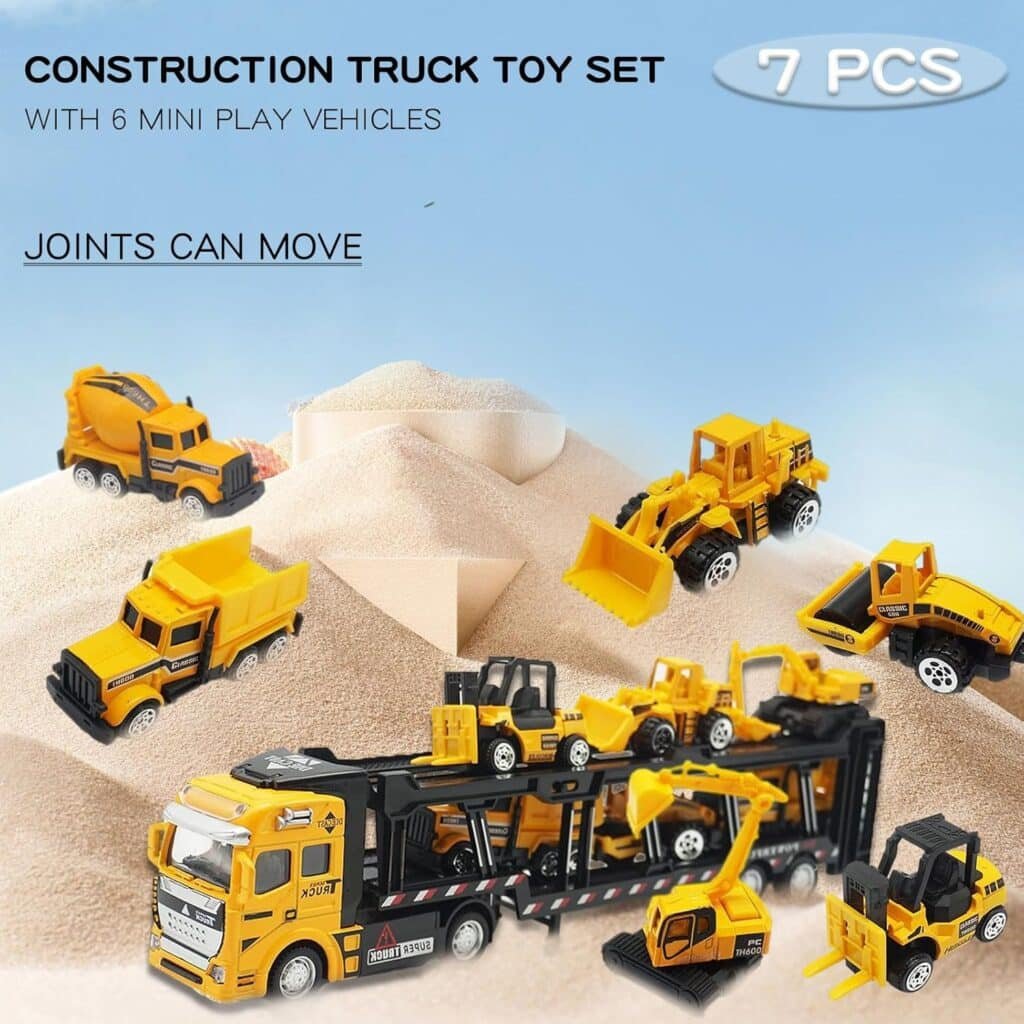 OTONOPI Construction Truck Toy Die-cast Play Vehicle Set with 6pcs Mini Crane Mixer Dump Excavator Car