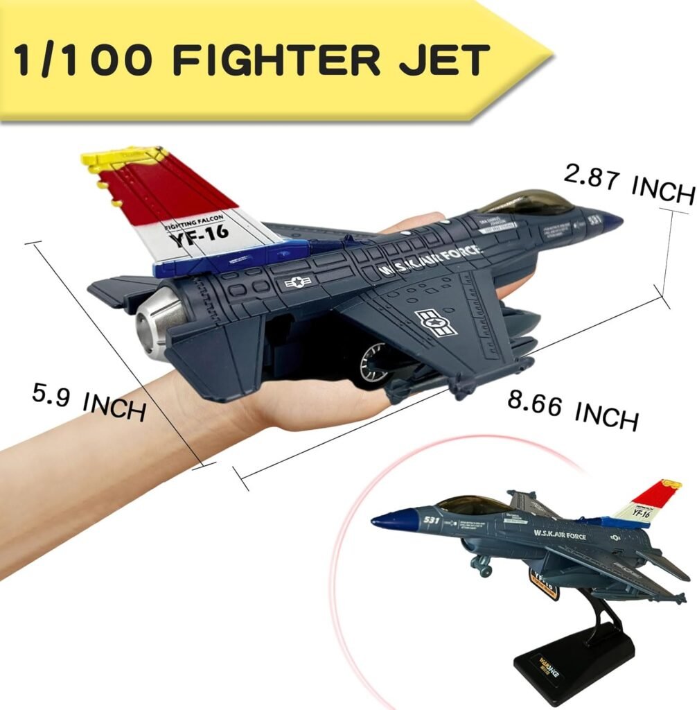 OTONOPI Fighter Jet Toy F-16 Toy Jets for Kids Military Plane Army Air Force Pull Back Fighter Toy diecast Metal Aircraft with Spray Effect Lights and Sounds for Boys Girls Age 3-12+ (F 16 Blue)