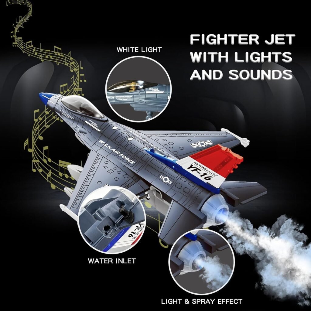 OTONOPI Fighter Jet Toy F-16 Toy Jets for Kids Military Plane Army Air Force Pull Back Fighter Toy diecast Metal Aircraft with Spray Effect Lights and Sounds for Boys Girls Age 3-12+ (F 16 Blue)