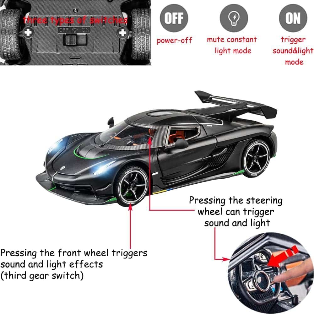 Toy Cars Model Koenigsegg Jesko 1/24 Black Alloy Collectibles Die-cast Vehicles with Sound and Light