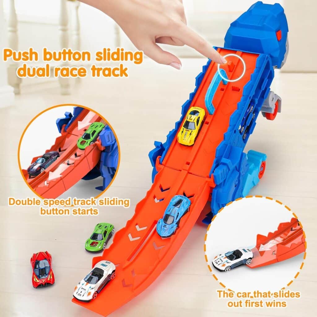 Transport Dinosaur Truck with City Ultimate Hauler Race Track, Transforms into Stomping Standing Trex Dinosaurs Toddler Toys Unique Gifts for Kids Age 2 3 4 5 6 7 8 Year Olds (8 Die-Cast Race Cars)
