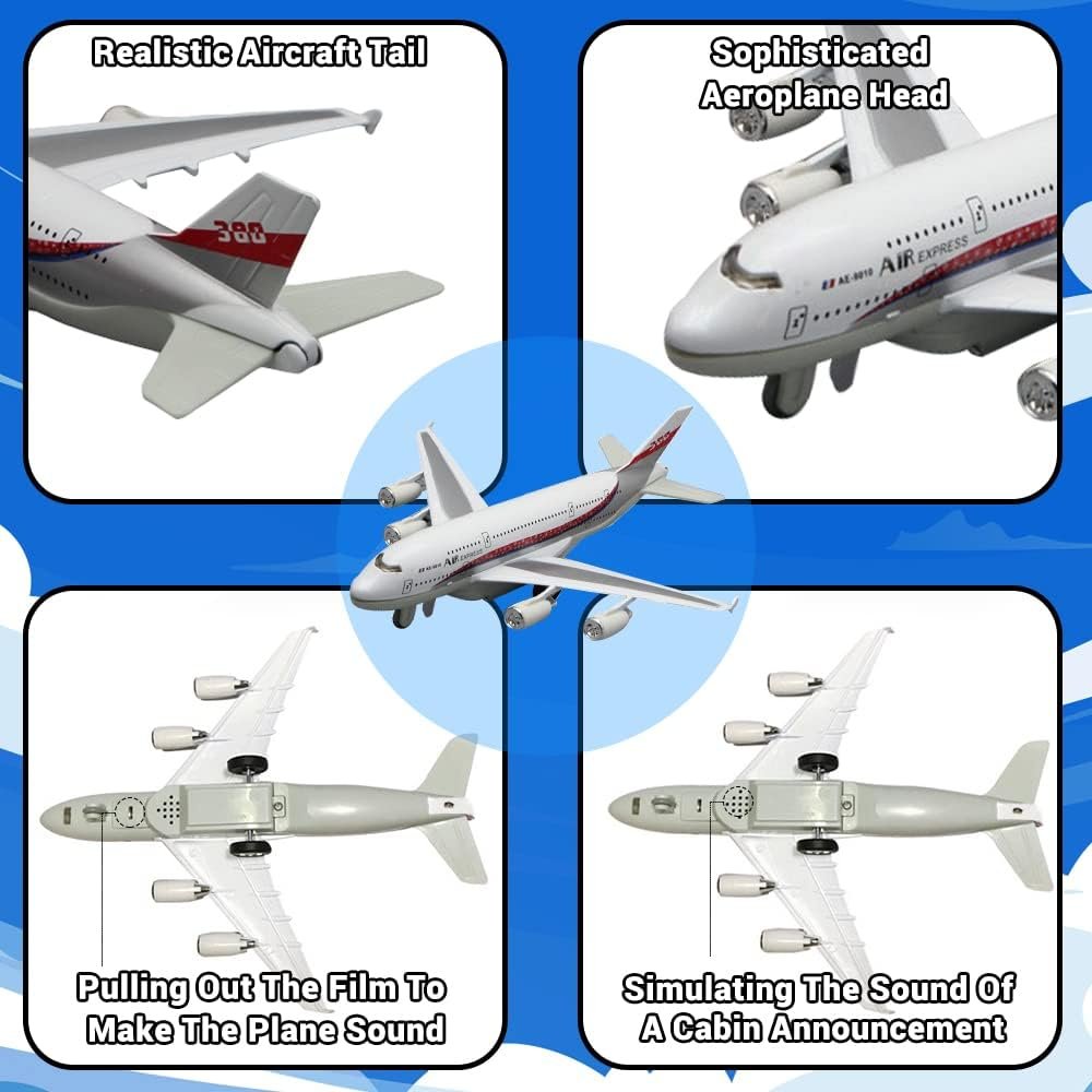 Airplane Toys, Bump and Go Action, Pull Back Die Cast Model Plane with Lights  Sounds, 3D Anatomy View, Aircraft Vehicles Gift for Kids Toddler Boys Ages 3+(White)