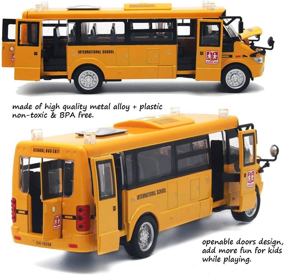 CORPER TOYS School Bus Toy Die Cast Vehicles Yellow Large Alloy Pull Back 9 Play Bus with Sounds and Lights for Kids